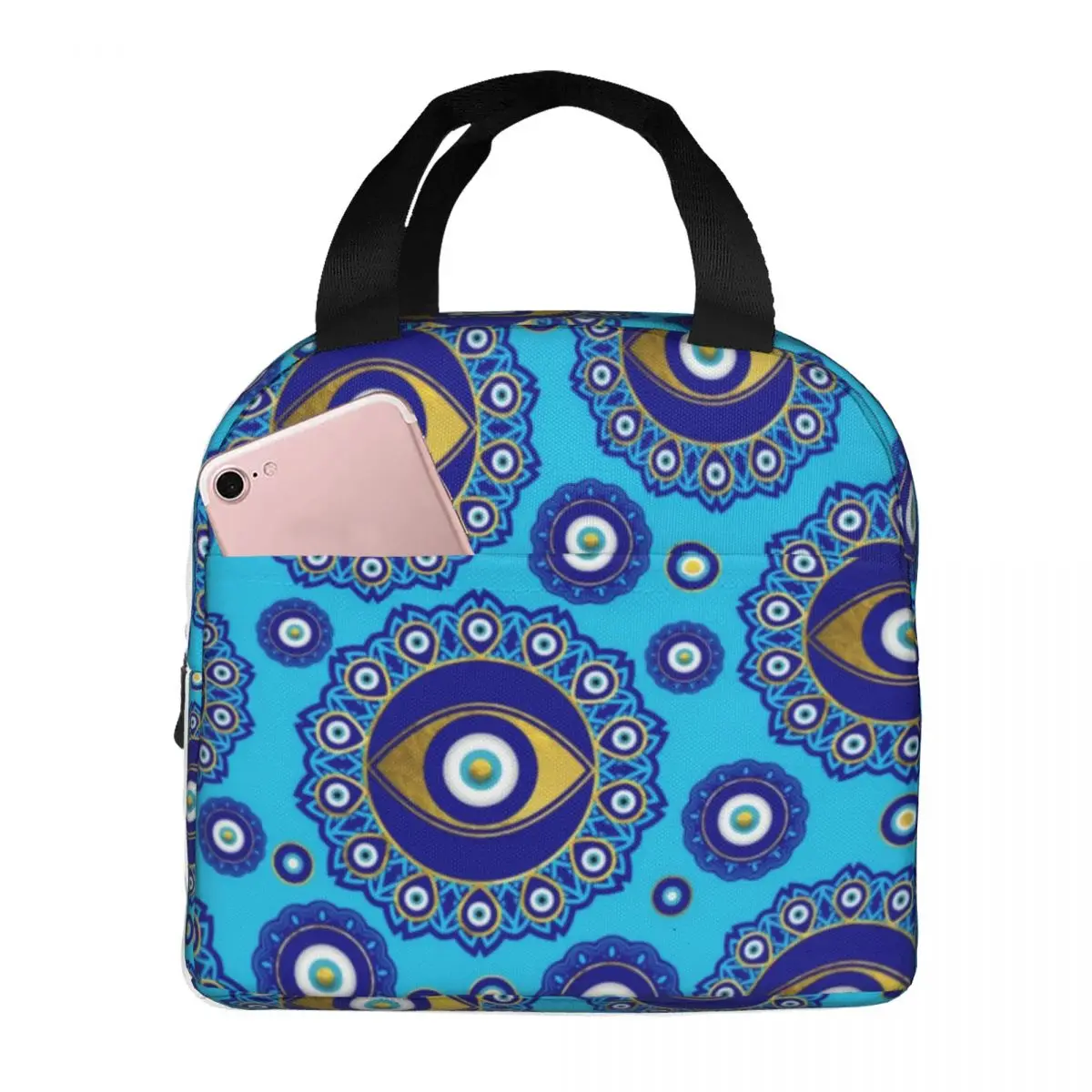 

Evil Eye Charm-3 Lunch Bag with Handle Greek Mati Print Carry Cooler Bag Travel Portable Food Thermal Bag