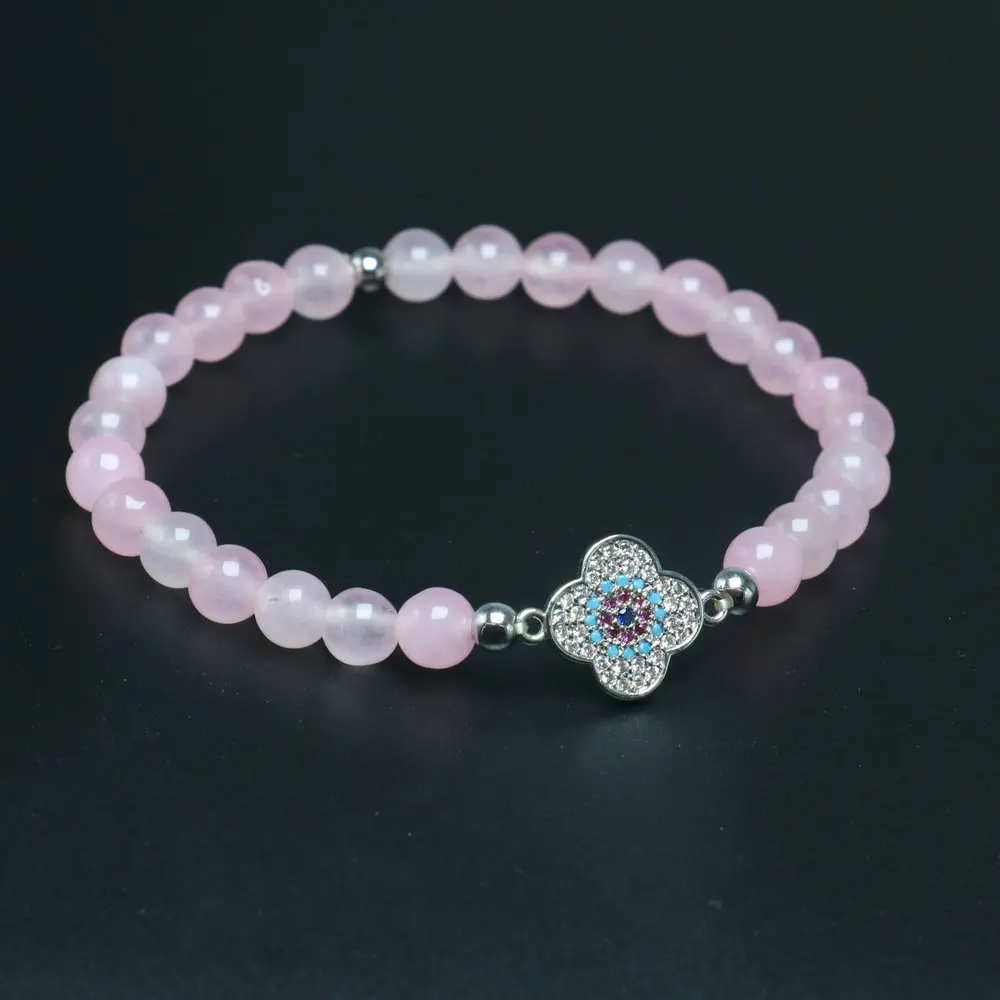 Женский браслет серебряного цвета с четырьмя листьями клевера 6 мм бусины из