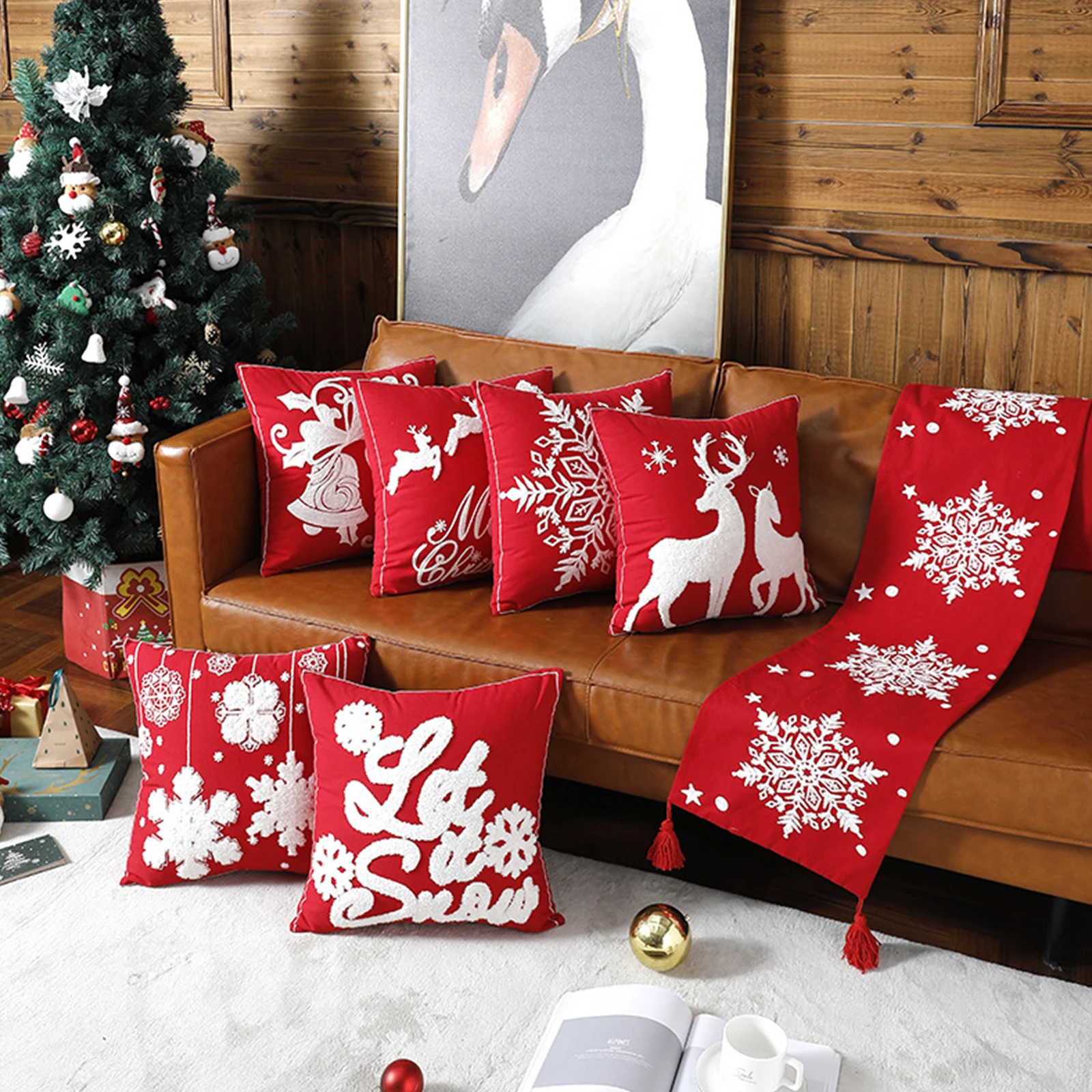 

Рождественское украшение, наволочка 45x4 5 см, искусственный олень, чехол, Красная Зеленая квадратная наволочка с вышивкой