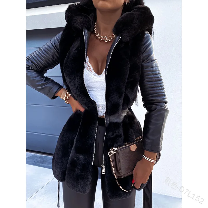 Faux Fur PU Leather Winter Women Fashion Long Sleeve Coat Pure Color Casual Cardigan Outwear Jacket Thick Warm Parka Fur Jackets
