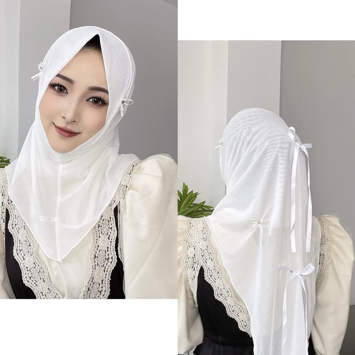 Мусульманский сетчатый хиджаб однотонный платок для женщин с бантом повязка на