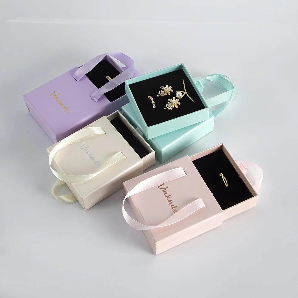 100pcs Paper Drawer box Custom Jewelry Box with Ribbon Personalized Logo Chic Small Jewelry Packaging Bulk Drawer Cardboard Box