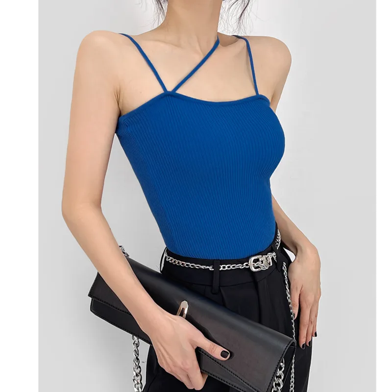

Summer Women Asymmetrical Knit Camis Sexy Slash Neck Slim Candy Color Cropped Tops Chic Women Basic Short Tank Top 2022 Green