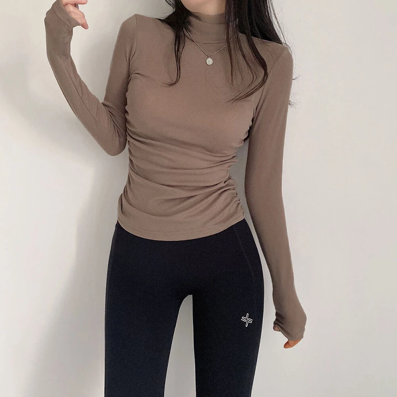 

Весенняя модная однотонная тонкая водолазка с длинным рукавом, вязаная футболка, Короткие футболки, Женская Повседневная облегающая футбо...