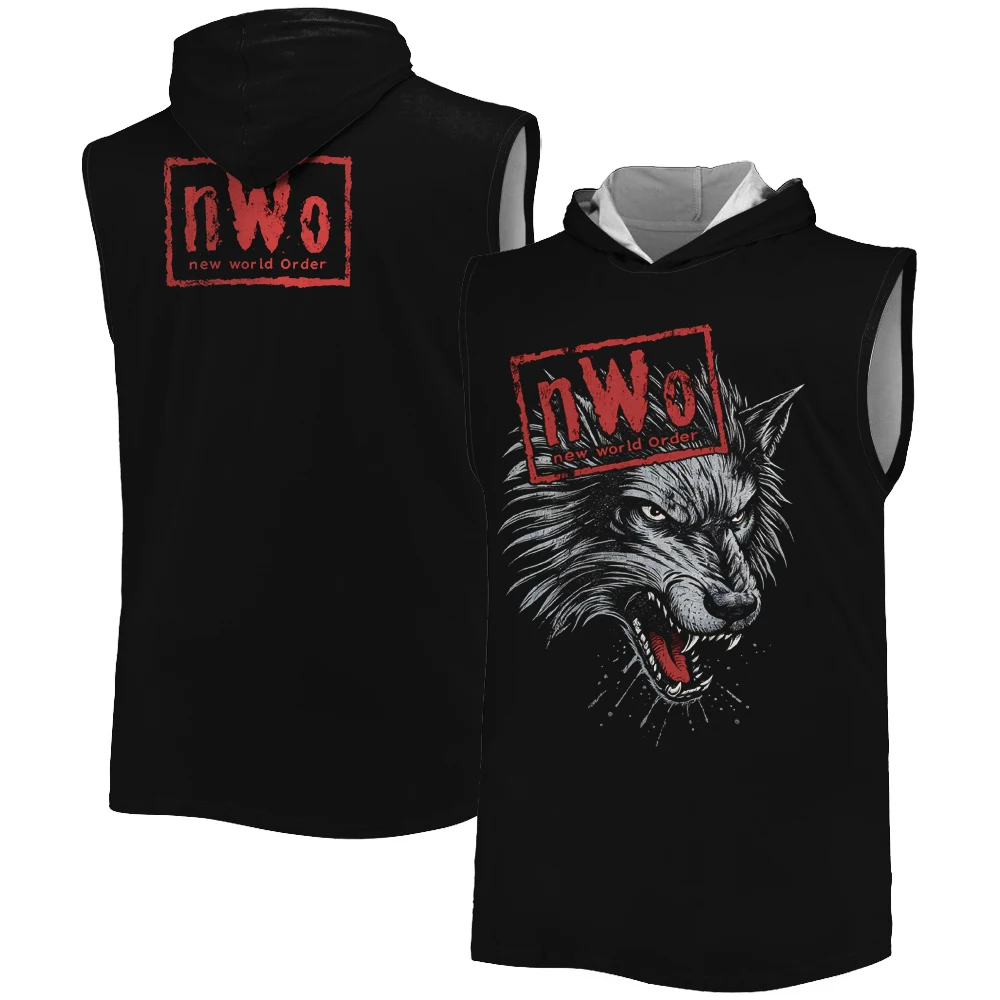 Фото Мужская черная майка с капюшоном NWo Wolfpack с 3D-принтом, быстросохнущая, дышащая, для спортзала, повседневная, без рукавов. №1
