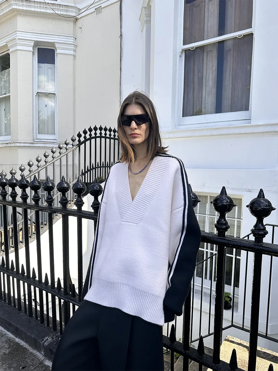 Черно-белый тяжелый вязаный лоскутный свитер Sourplum с v-образным вырезом мужской и