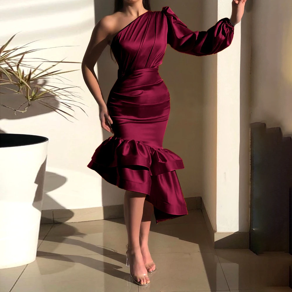 

Sexy One Shoulder Long Sleeve Ruffles Bodycon Dress Evening Party Women Elegant Backless Tierred Irregular Satin Mermaid Dress