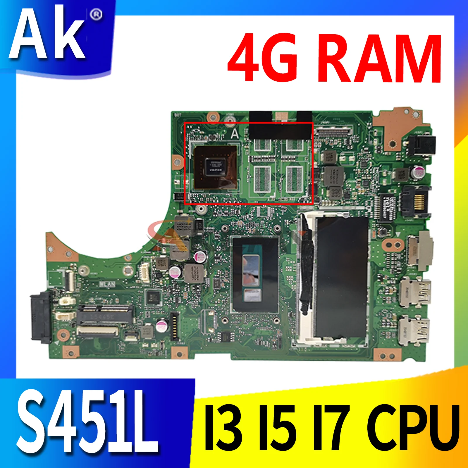 

S451L Original Mainboard V2G GPU I3 I5 I7 CPU 4GB RAM for ASUS S451 V451 V451L S451LN S451LB S451LA Laptop Motherboard