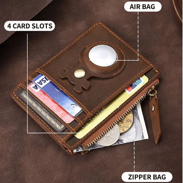 tracking locator Airtag Wallet Vintage Genuine Leather RFID Business Credit Card cover ID badge Holder For Men Zipper  Purse 3