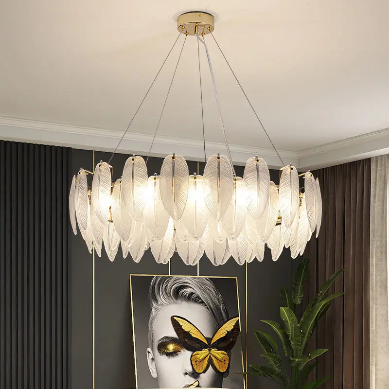 

Glasses Feather Chandeliers Dining Table Lamp Bedroom Light Fixtures Nordic Luxury LED Chandeliers for Living Room