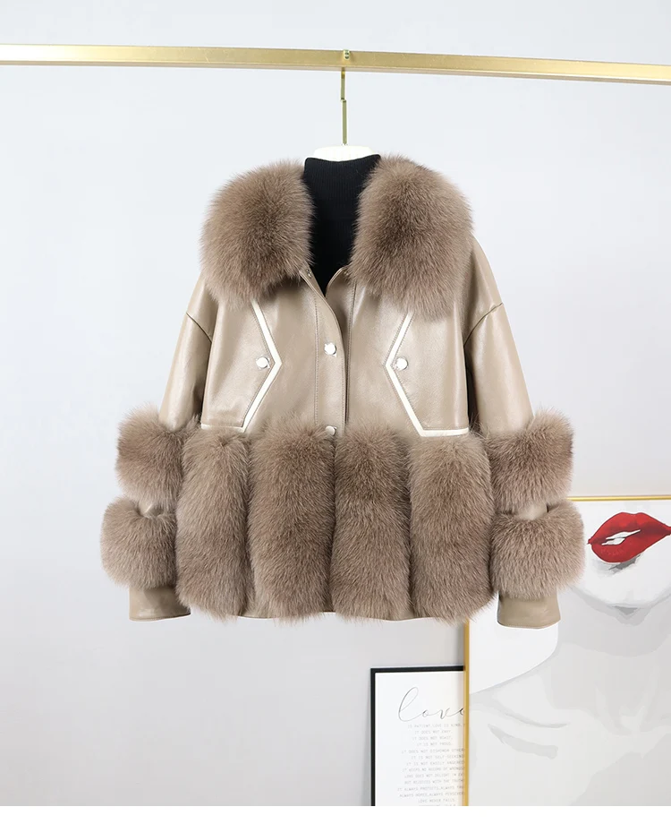 Winter Women Real Leather Jacket Woman Real Fox Fur Coat Genuine Sheepskin Leather Coat Luxury Fashion Streetwear Warm Fur Coat