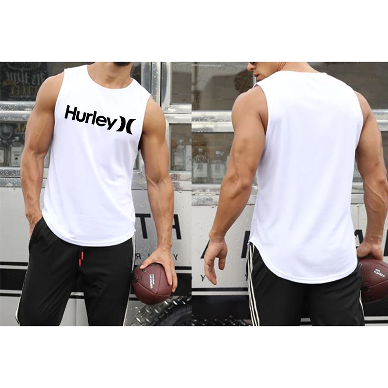 

2023 Summer Men's Gym Tanks Tops Workout Bodybuilding Fitness Sleeveless Tees Brand Print Beach Sportswear Muscle Vests for Male