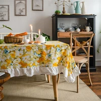 household tablecloth waterproof grease proof placemats yellow flower printing ruffle edge tablecloth rectangular table cloth