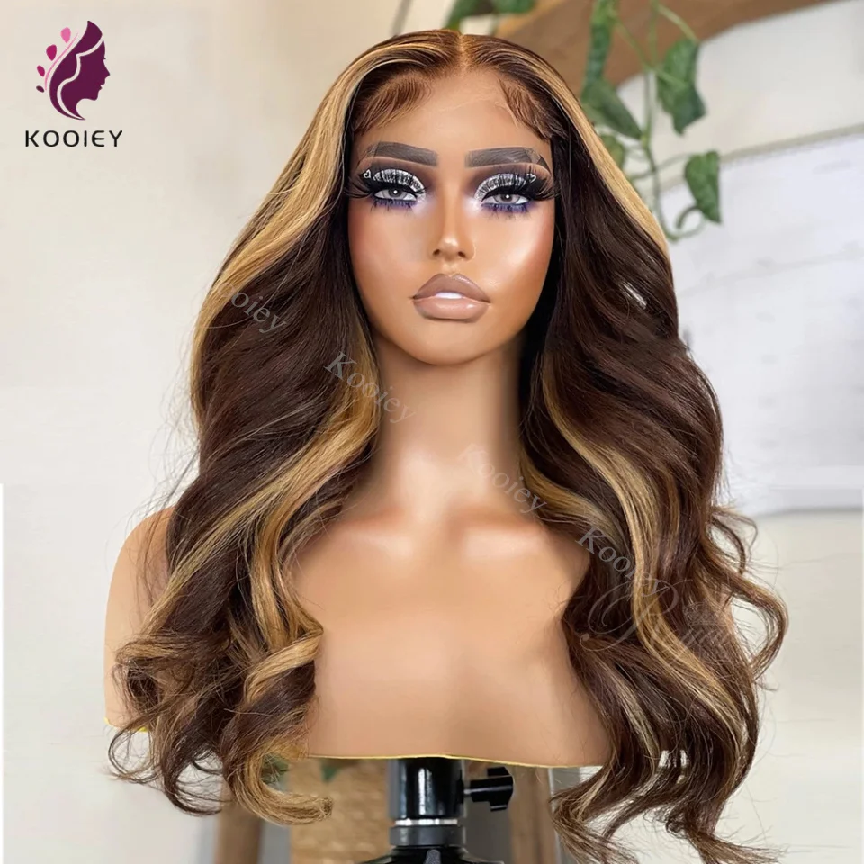 Honey Blonde Brown Highligh 5x5 Silk Top Human Hair Wig Brazilian Body Wave Ombre 13x4 Lace Front HD Transparent Wigs
