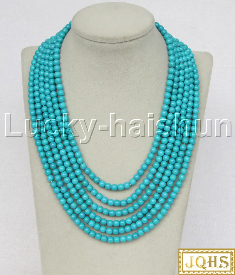 

JQHS Genuine 17" 6row 6mm Round Sky-blue Turquoises Beaded Strand Necklace Magnet Clasp J11686