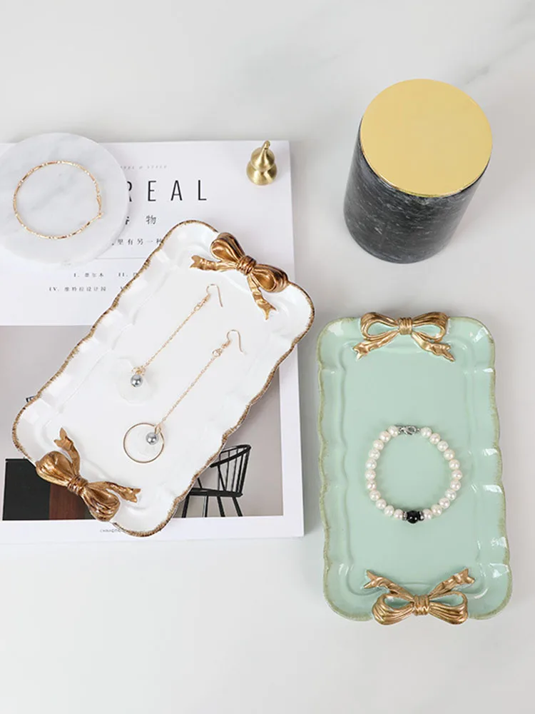 Jewelry Storage Trays Ceramic Dessert Plate Trinket Display Serving Tray Bow-knot Decoration Snack Dishes Fruit Bowl Tableware