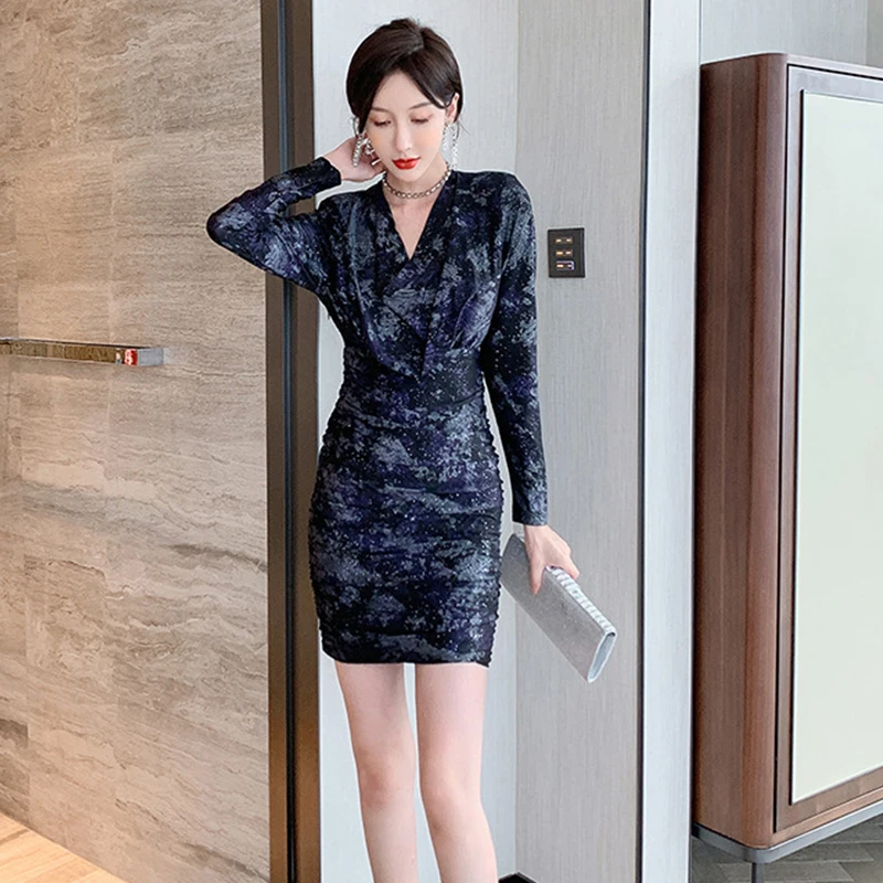 

Элегантные сексуальные платья для женщин 2022 блестящее ацетатное Платье с принтом ворса воротником с длинным рукавом завышенной талией жен...