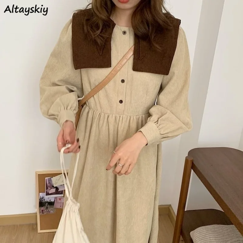 

Платье-миди женское вельветовое Двухслойное с длинным рукавом, высокой талией и воротником-стойкой