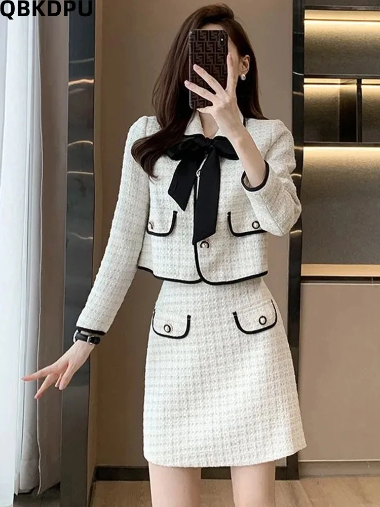 

Classics Tweed Short Two Piece Set Women Slim Bow Cropped Jacket Mini Skirt Sets Korean Ensembles Chic Outfit New Conjuntos Suit