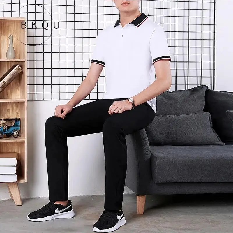 BKQU 2022 Summer Male V-neck Button Short Sleeve Long Pants Suit Casual Business