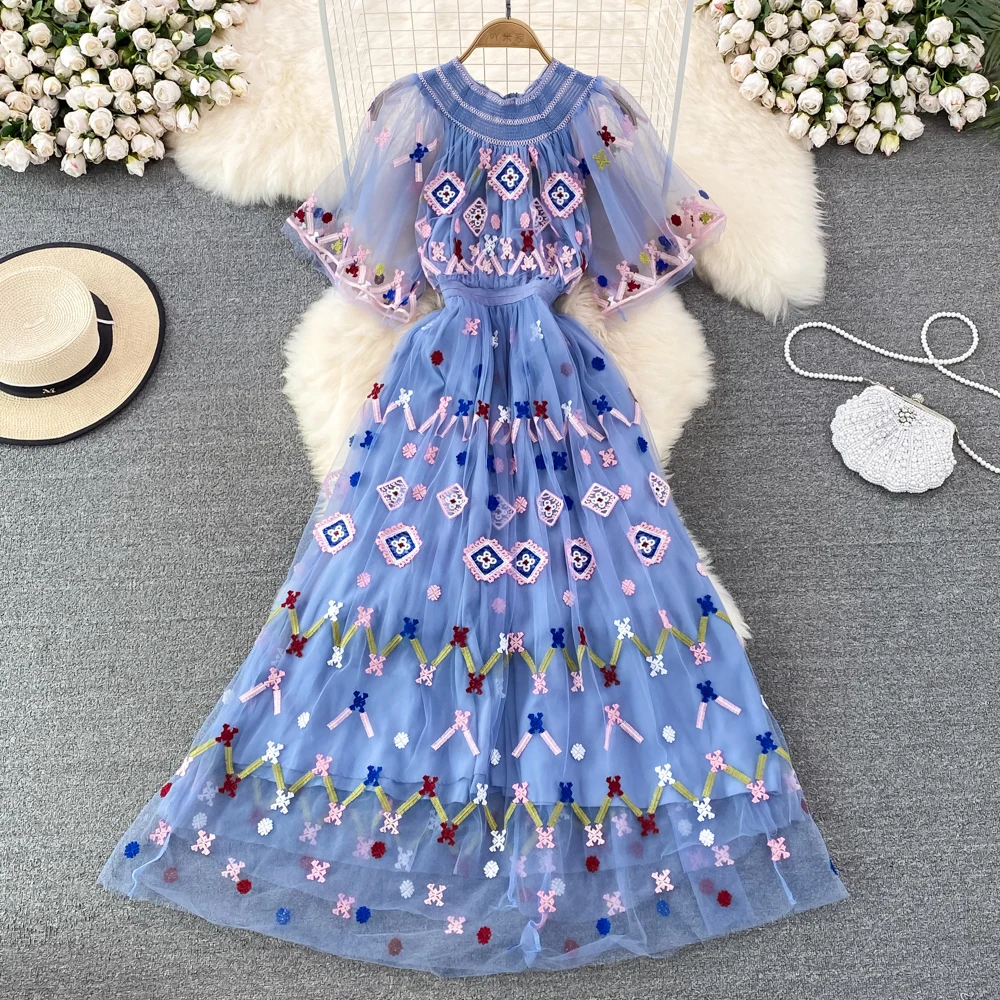 

VANOVICH Summer New Sweet Folds O-neck Waist Slimming Mesh Embroidered A-line Dress Elegant Temperament Petal Sleeve Long Dress