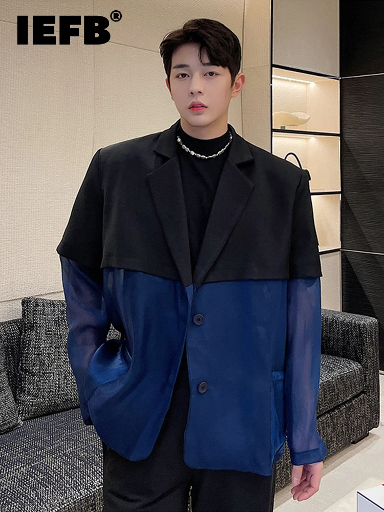 

IEFB Korean Style Niche Patchwork Organza Casual Men's Suit Trendy Single Breasted Contrast Color Male Blzer 2023 Spring 9A1234