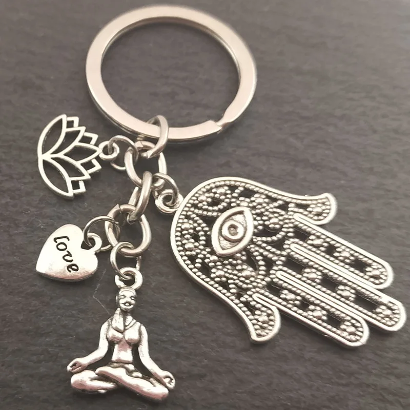 

lotus flower I love yoga Fatima hand Key Chains, keyring,Silver Color, Women Jewelry Man Accessory Pendant Fashion Gift