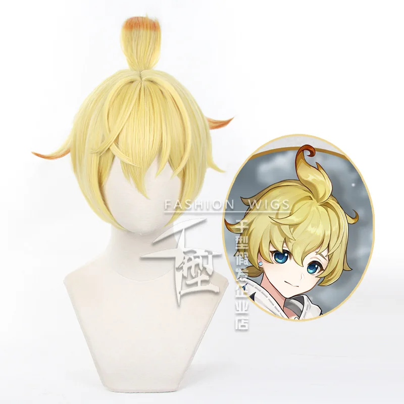 

Game Genshin Impact Mika Cosplay Wig Short Blond Warm Golden Wig Heat Resistant Synthetic Hair Halloween Party Role Play Wigs