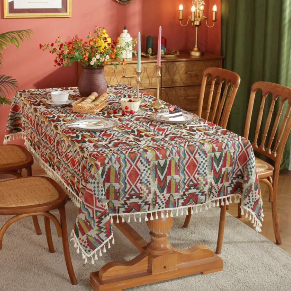 

Colorful Boho Vintage Geometric Tablecloth European Jacquard Tassel Tablecloth For Table Decoration Party Tablecloth Cover Cloth