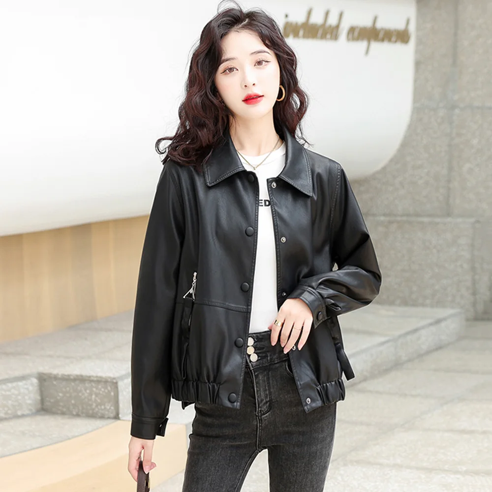 New Women Short Leather Coat Autumn Winter Casual Fashion Turn-down Collar Plus Cotton Liner Warm Slim Sheep Leather Jacket