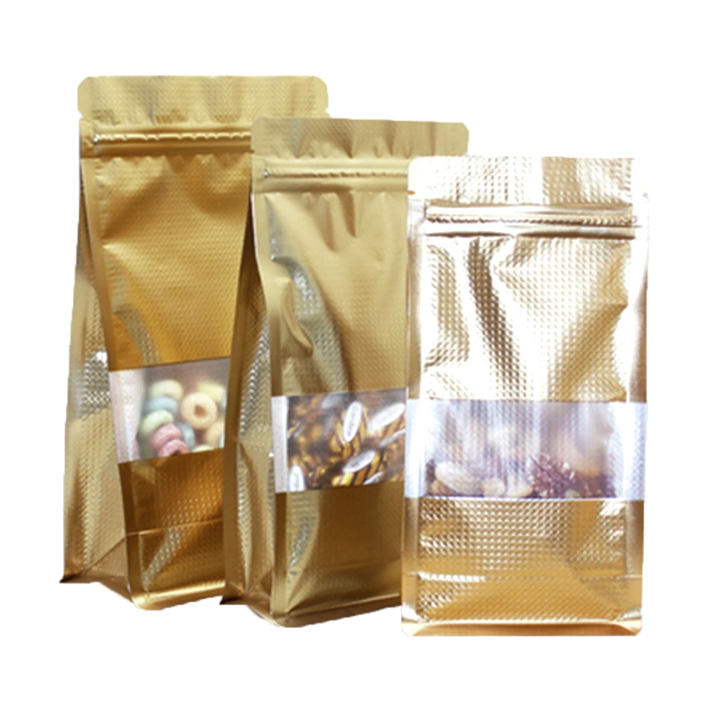 

50Pcs Gold Tattoo Frosted Transparent Window Eight Side Seal Bag Stand Up Zip Lock Food Dried Fruits Candy Chocolate Tea Coffee