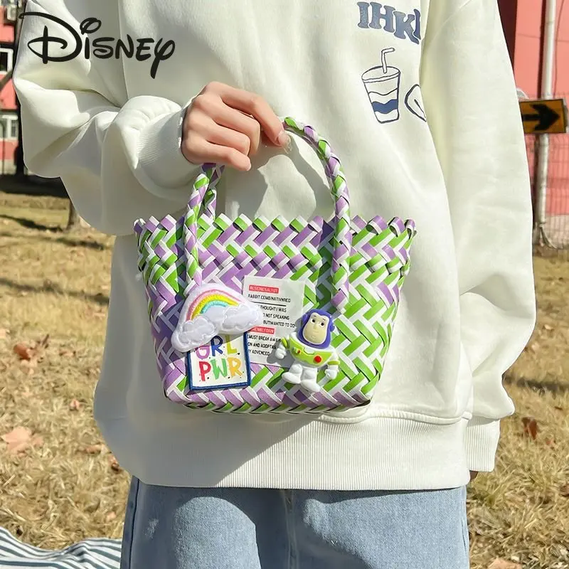 Disney New Women's Handbag Fashionable High Quality Handwoven Vegetable Basket Bag Popular Cute Cartoon Leisure Beach Bag