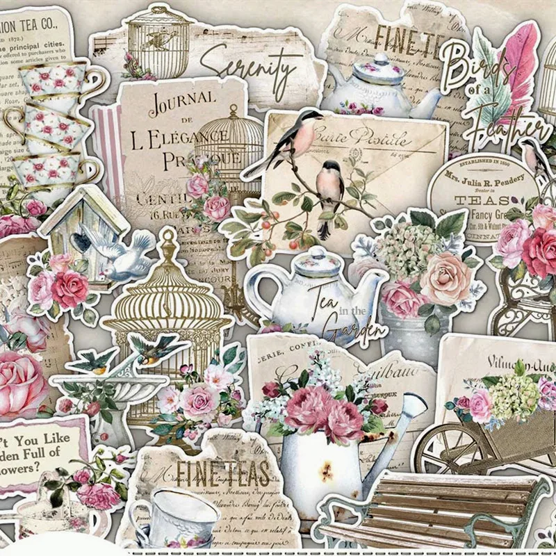 Afternoon Tea Flower Stickers DIY Scrapbooking Junk Journal Bird Envelope Label Collage Diary Happy Plan Card Seal Decoration