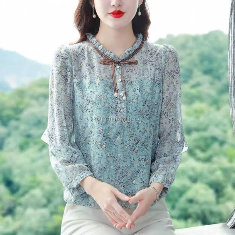 

2022 летняя шифоновая рубашка с цветочным принтом, элегантные женские топы, повседневная офисная блузка из дышащей ткани, шифоновый топ с при...
