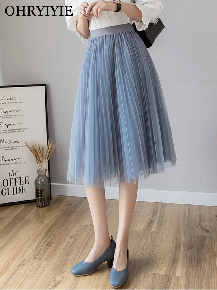 

OHRYIYIE 2022 Spring Summer Korean Solid Color High Waist Tulle Skirt Women Midi Long Mesh Pleated Tutu Skirt Female Jupe Longue