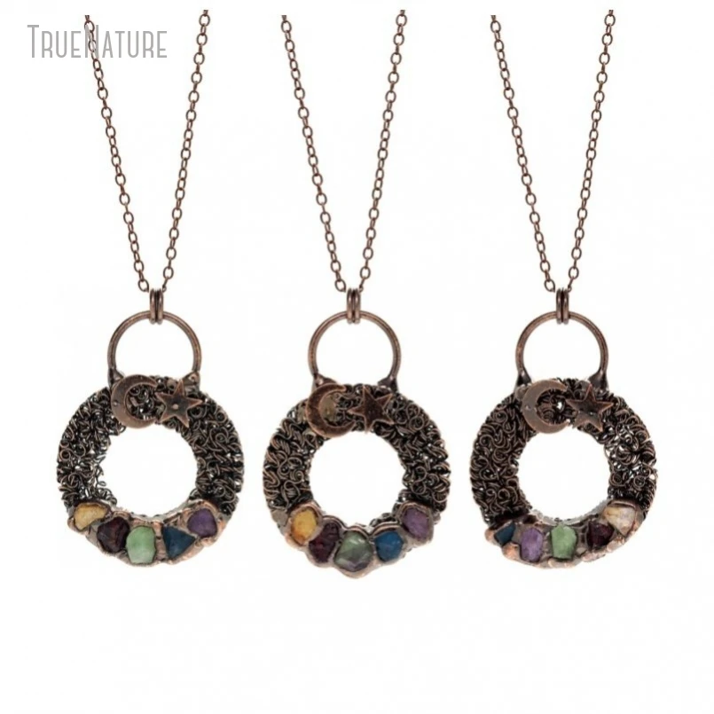 

5Pcs Vintage Boho Witch Handmade Jewelry Crescent Moon Round Coin Circle Star Antique Bronze Color Rainbow Fluorite Necklace
