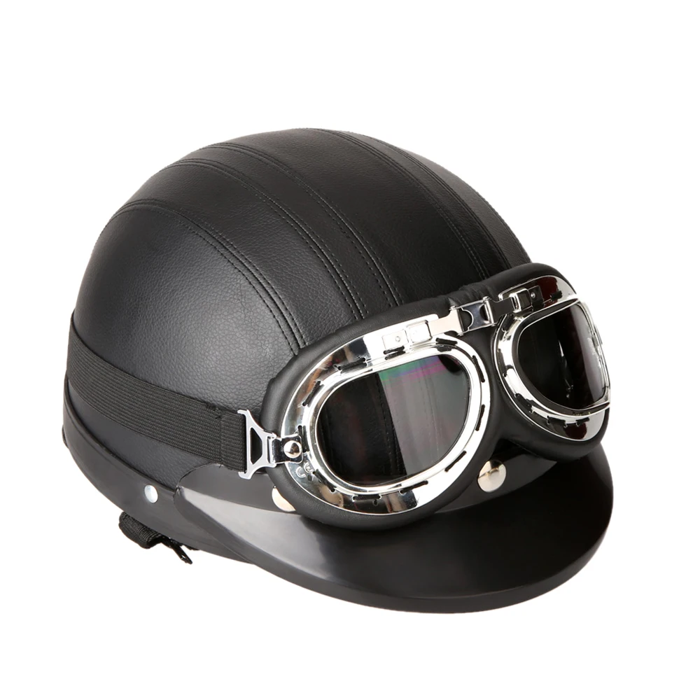 

Motorcycle Scooter Open Face Half Leather Helmet with Visor UV Goggles Retro Vintage Style 54-60cm