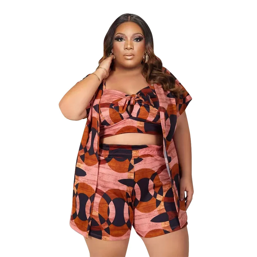 Plus Size Women Casual Three Pieces Sets 2023 Summer High Waist Mini Shorts Spaghetti Strap Tank Tops Loos 3xl 4xl 5xl 6xl