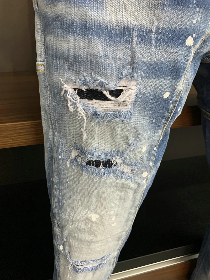 New Men's Dsquared2 Buttons Jeans Ripped For Male Skinny  Pants Men's Denim Trousers Top Quality Slim Jeans A392