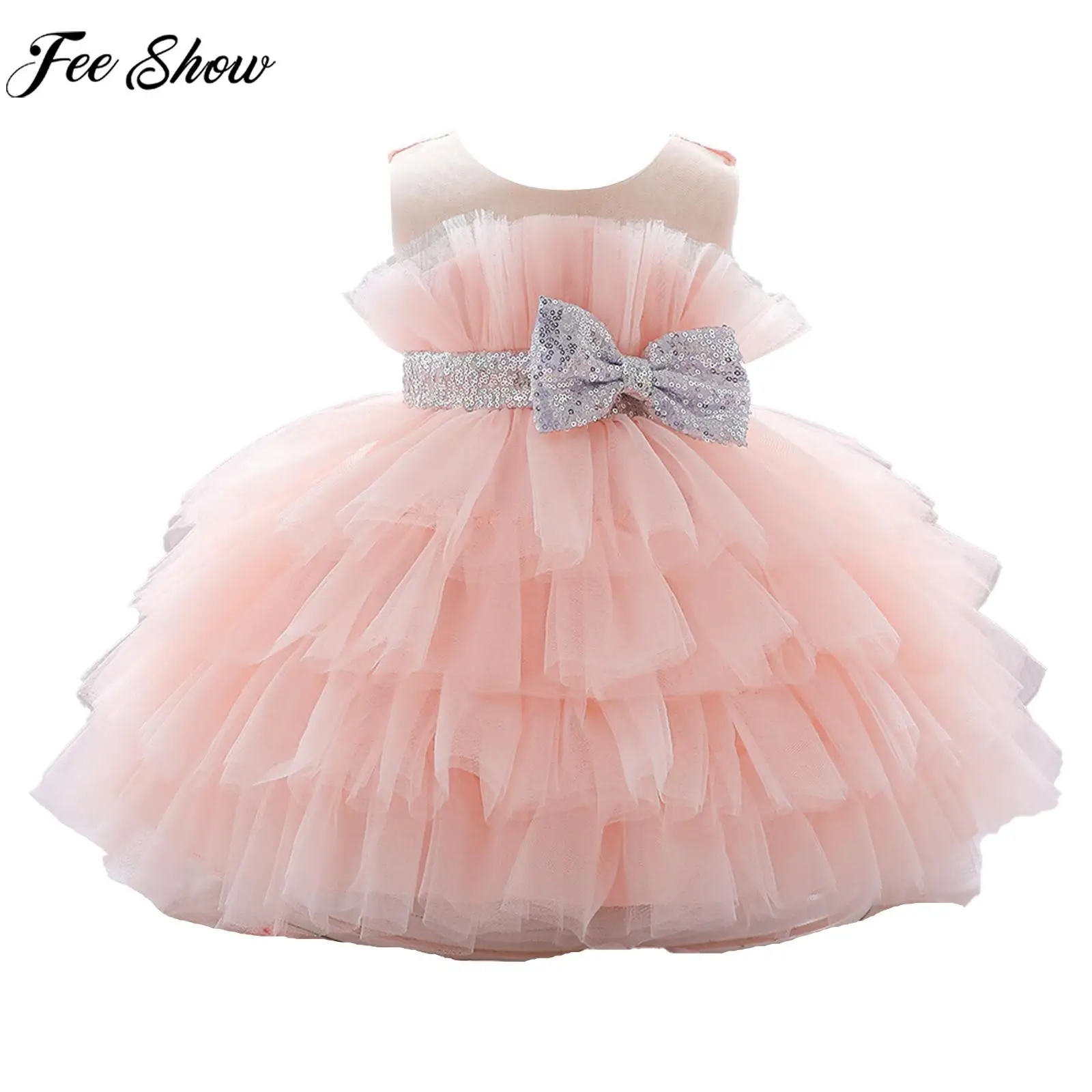 

Kids Wedding Flower Girls Dress Elegant Princess Party Dresses Sleeveless Sequin Bowknot Multilayer Tutu Baptism Birthday Gown