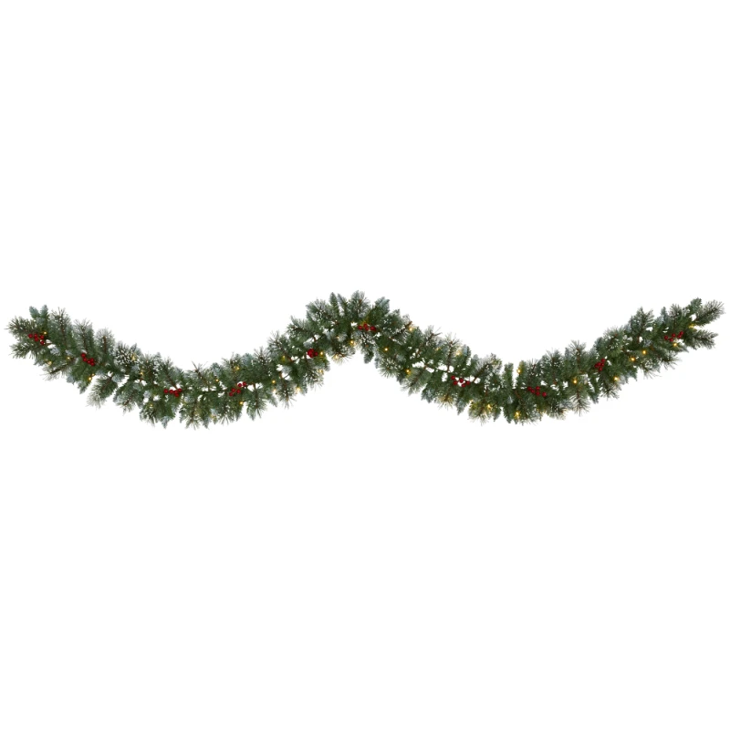 

Green Pine Frosted Christmas Garland with Berries Prelit 50 Clear LED Lights