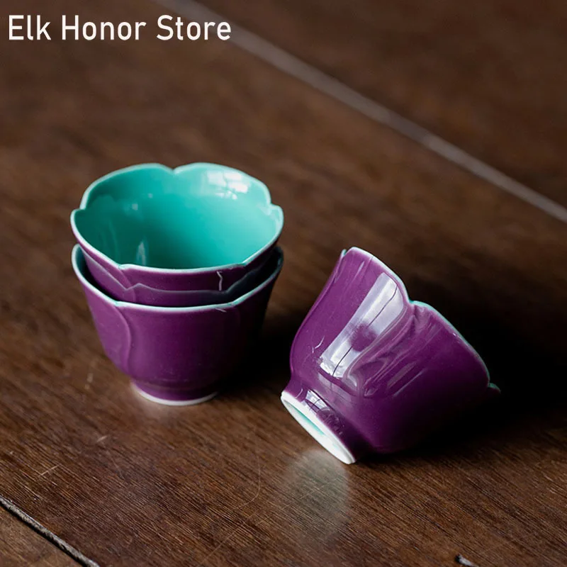 

2pc/Set 30ml Platycodon Purple Galze Ceramic Teacup Ceramic Small Sunflower Single Cup Household Kungfu Tea Master Cup Drinkware