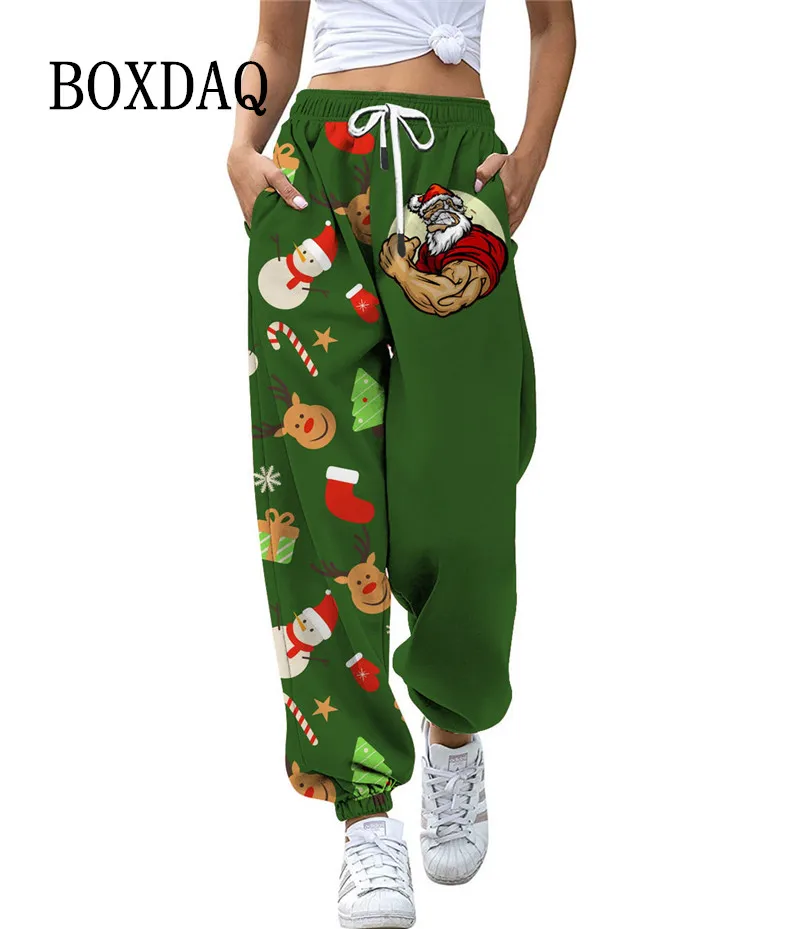 

Women Christmas Pattern Pants Harajuku Joggers Straight Sweatpant Trousers High Waist Pockets Streetwear Casual Pant 2022 Winter