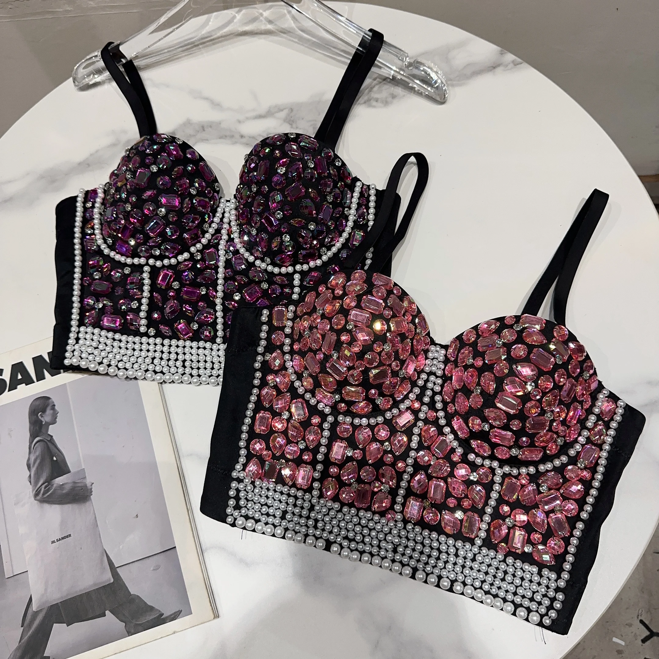 

2023 Summer New Tanks Top Heavy Industry Diamonds Beaded Bra Chest Pad Camisole Sexy Club Girls Clothes Female Crop Tops Camis