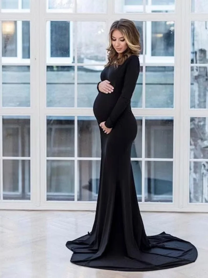 Elastic Sexy Black Maternity Photo Shoot Dress Long Sleeve Baby Shower Dress Maternity Photography Props Clothes
