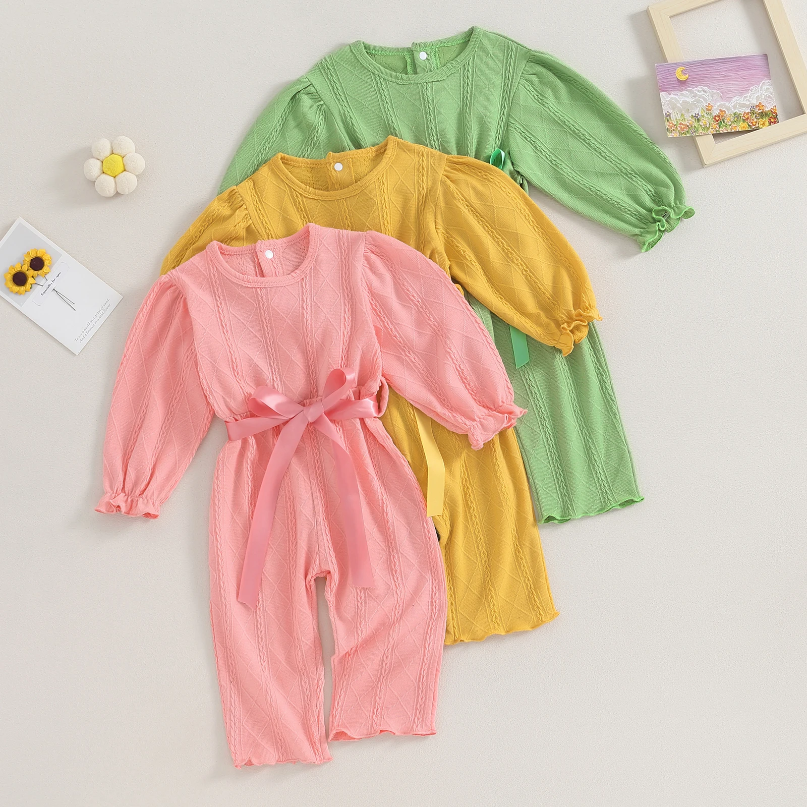 

Комбинезоны для новорожденных с текстурированным принтом, осень-весна, Комбинезоны для маленьких девочек с круглым вырезом и длинным рукавом, с поясом, повседневная Милая одежда