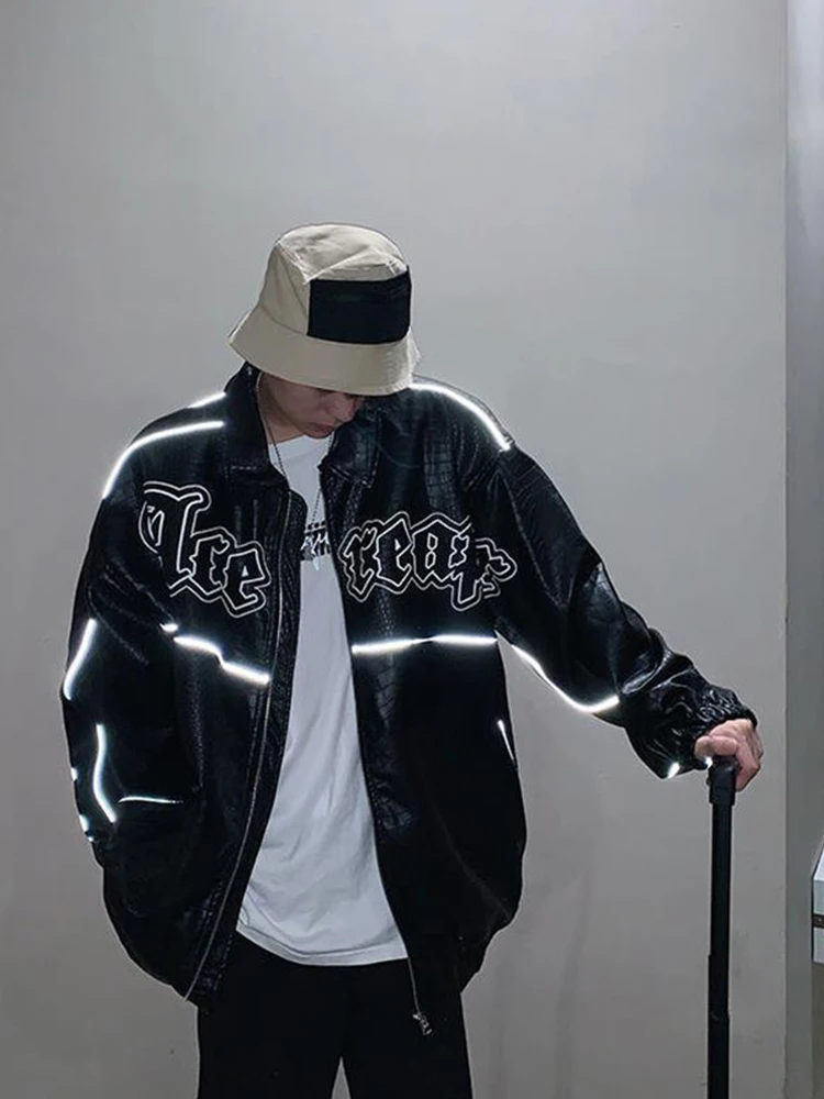 Куртка-бомбер мужская из искусственной кожи светоотражающая куртка верхняя