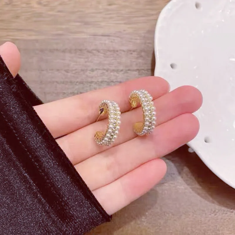 

Luxury Girls Gifts C Earrings For Women Korean Female Jewelry Fashion New Cute Joker Rhinestone Pearl Drop Earrings For Party