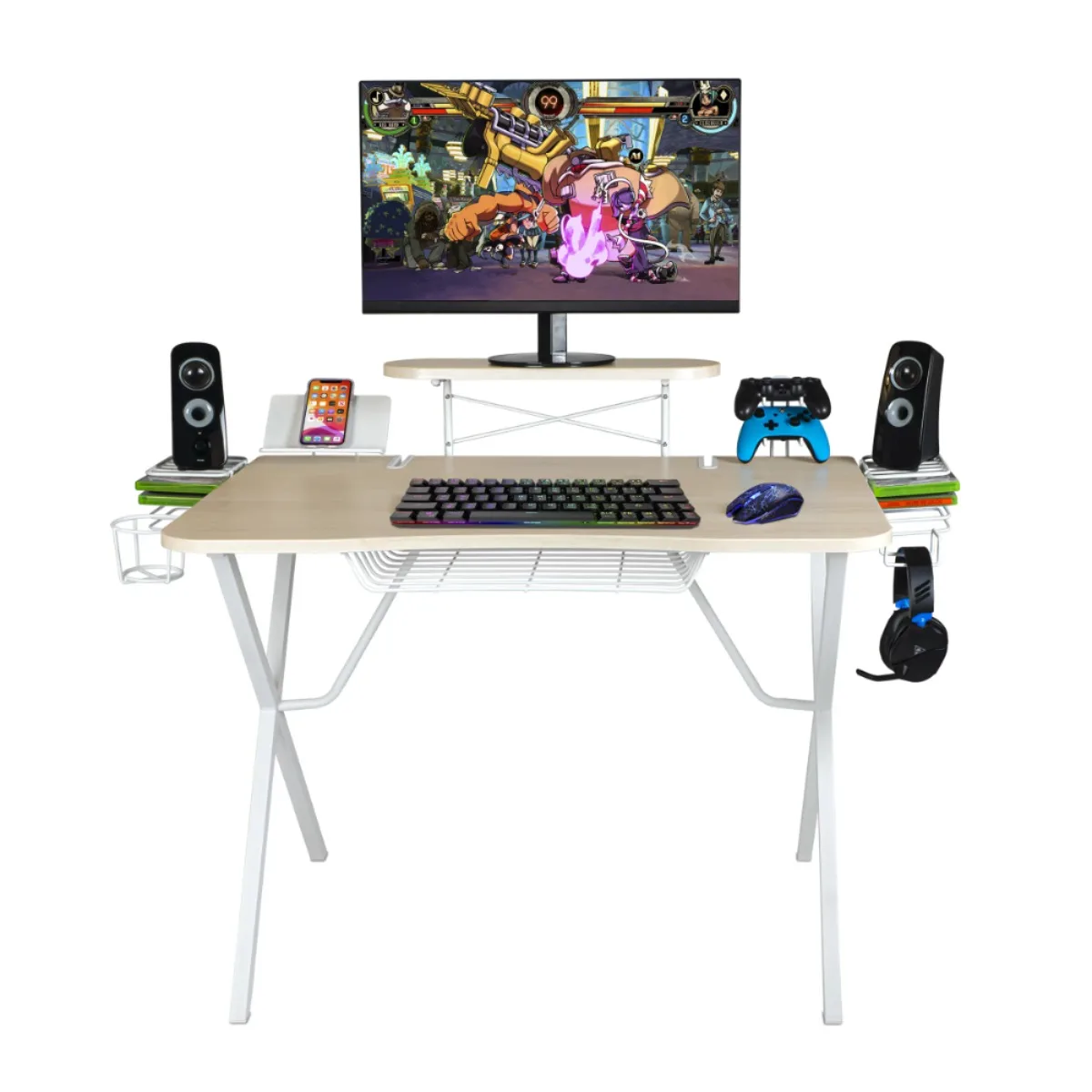 

Professional Gaming Desk Pro (Black or White), with Built-in Storage, Metal Accessory Holders and Cable Slots