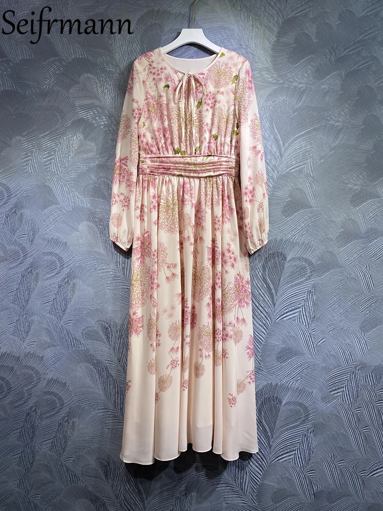 

Seifrmann High Quality Summer Women Fashion Runway Long Dress Lantern Sleeve Draped Bow Small Floral Printed Holiday Dresses